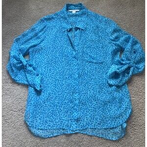 Diane Von Furstenberg Shirt Womens 14 Blue Silk Sheer Leopard Print Button Up